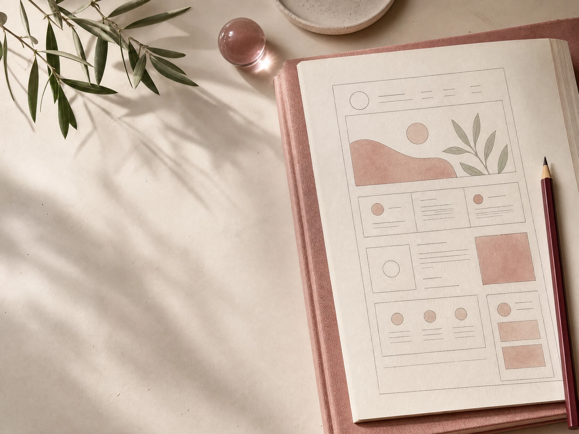Caderno com esboço de estrutura de site sobre mesa em tons de rosa